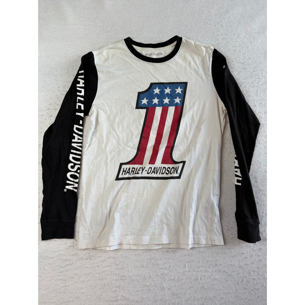 Harley-Davidson Long Sleeve Shirt Mens M White Black Number 1 Logo Graphic